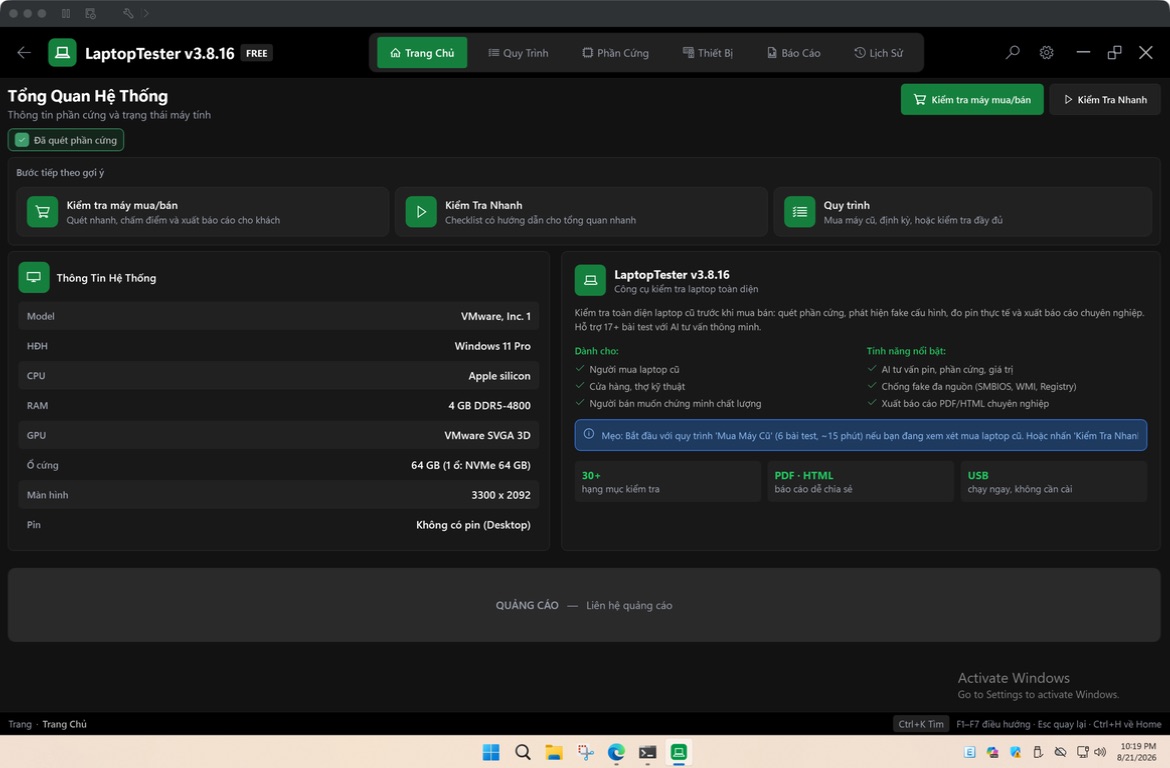 Trang tổng quan LaptopTester Pro v3.8.16